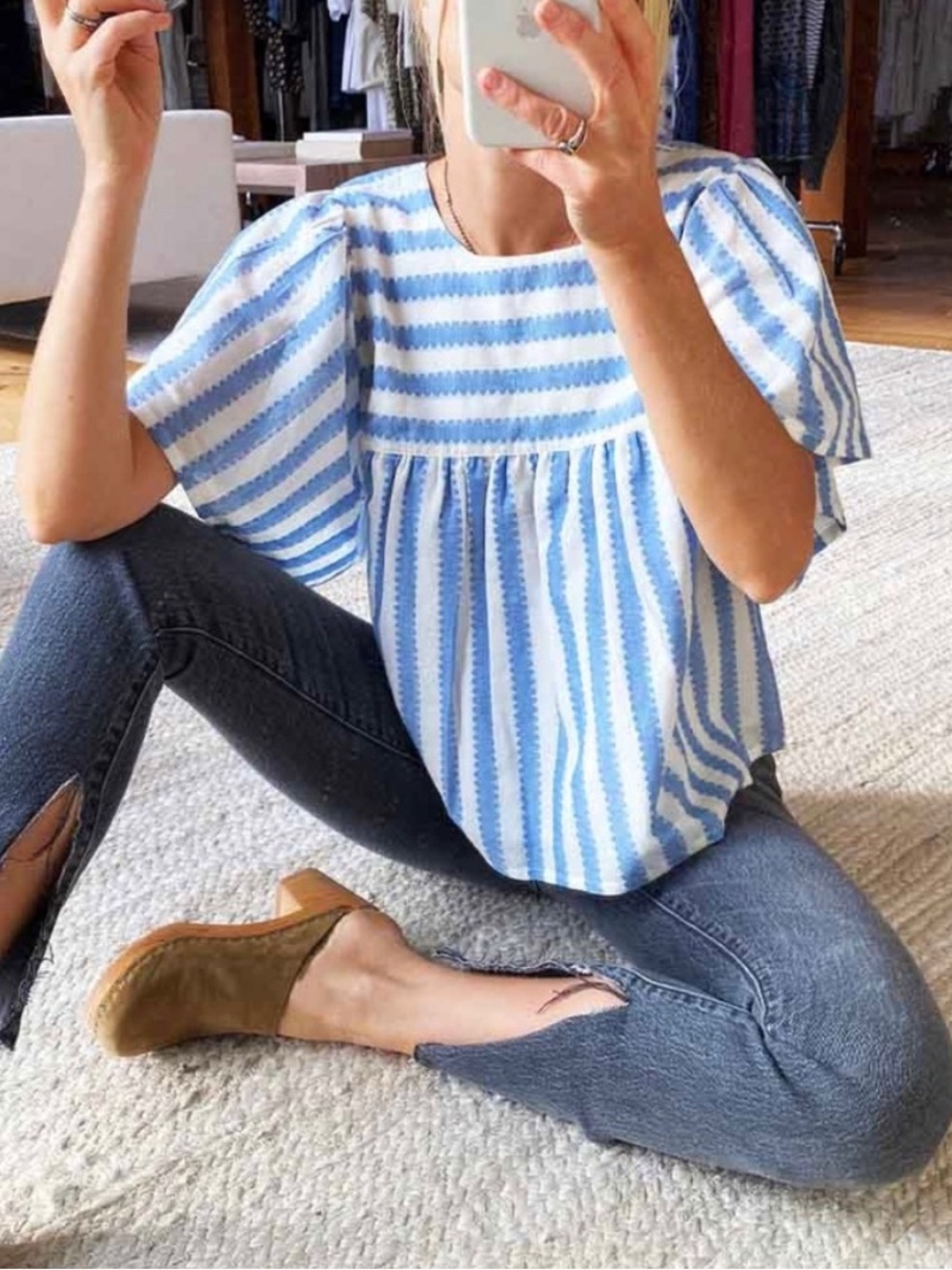 Emerson Fry India Collection Basalie Top Blouse Scallop Blue Stripe Small $118 - Picture 11 of 12